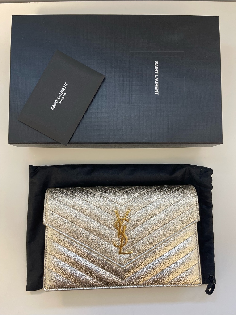 Saint Laurent Metallic Gold Chevron YSL Envelope Clutch